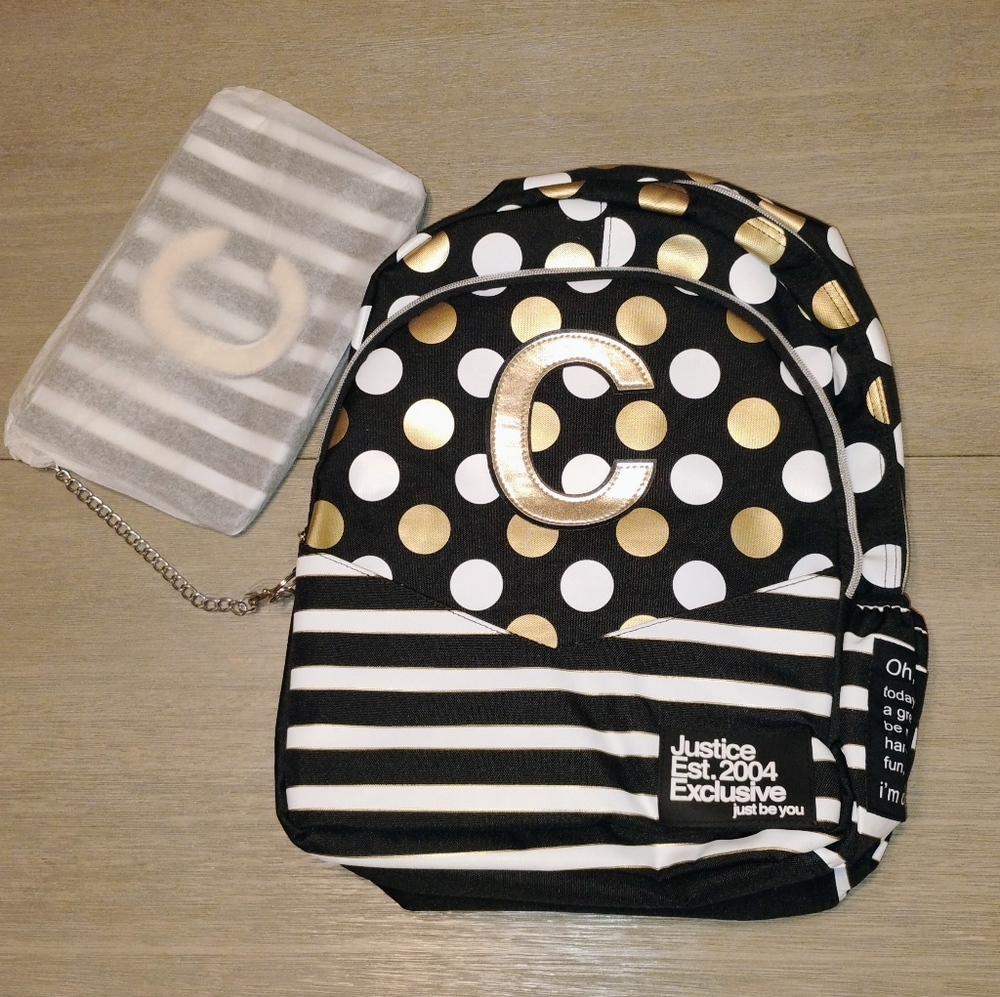 Justice Black and Gold Polka Dot Backpack with Stripes